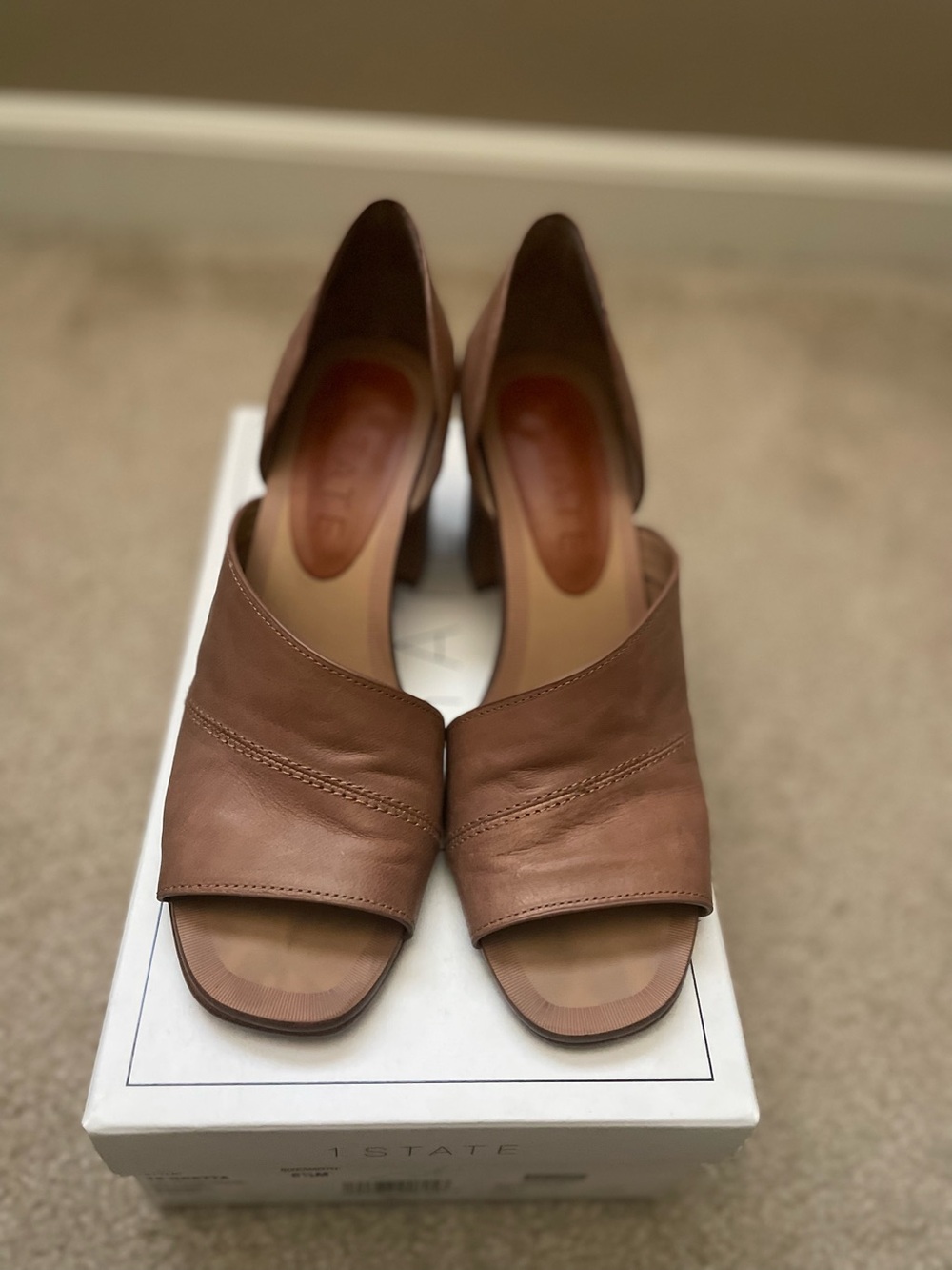 1. State Tan Leather Open-Toe Block Heel Pumps